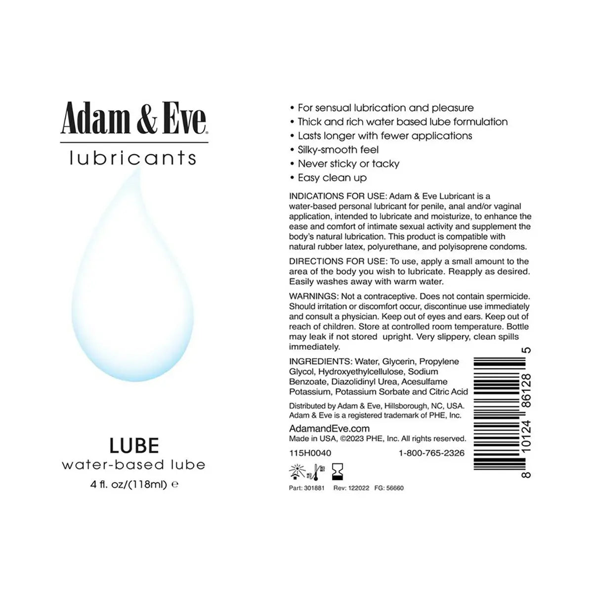 A&E Water-Based Lubricant 4 oz. PHE / Adam & Eve