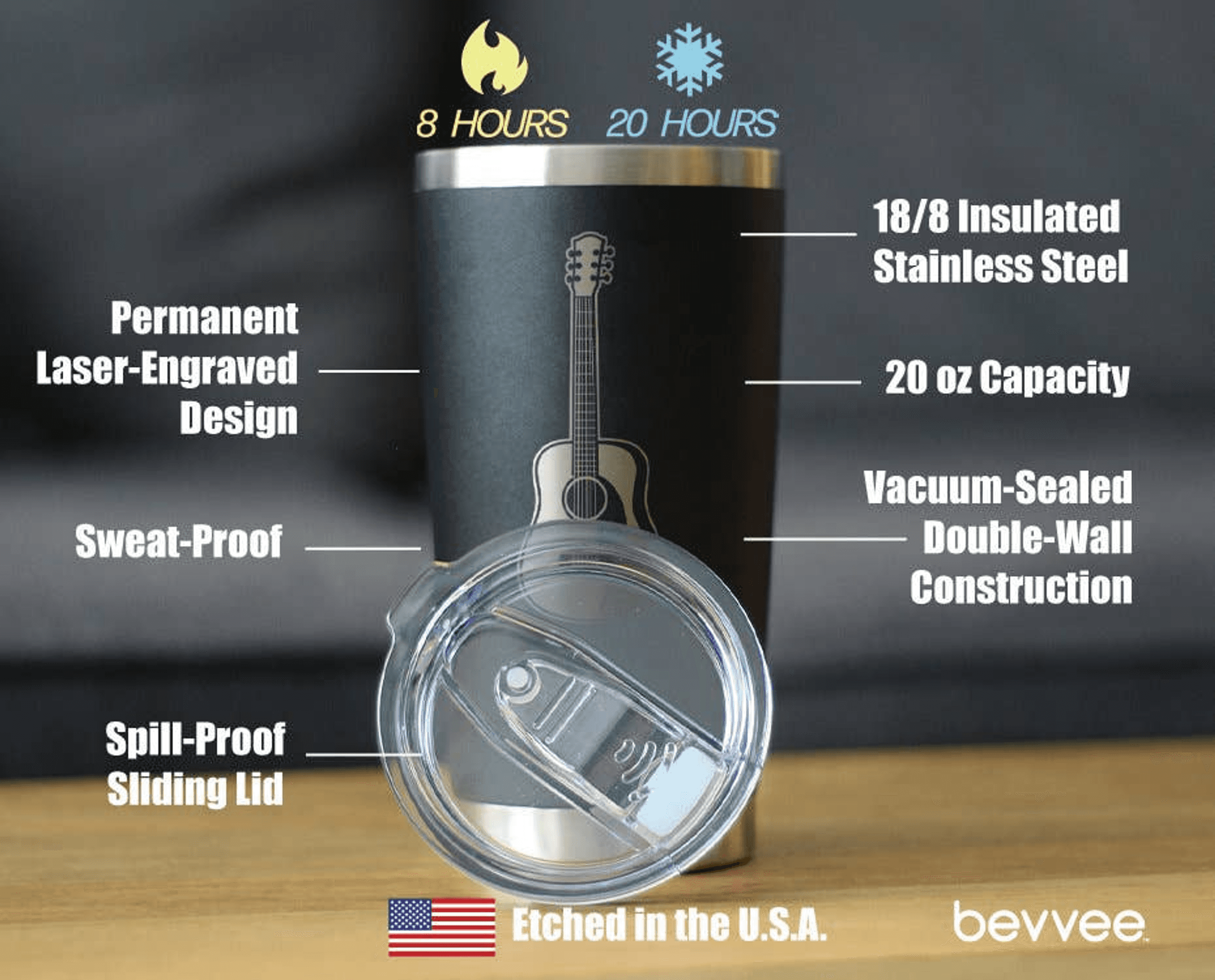 Acoustic Guitar Insulated Travel Tumbler - Musician Gifts Bevvee