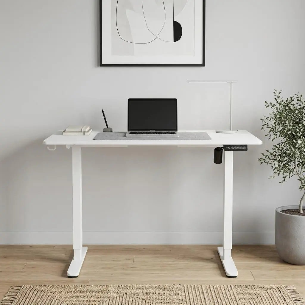 Adjustable White Wood and Steel T-Shape Standing Desk Homeroots Office