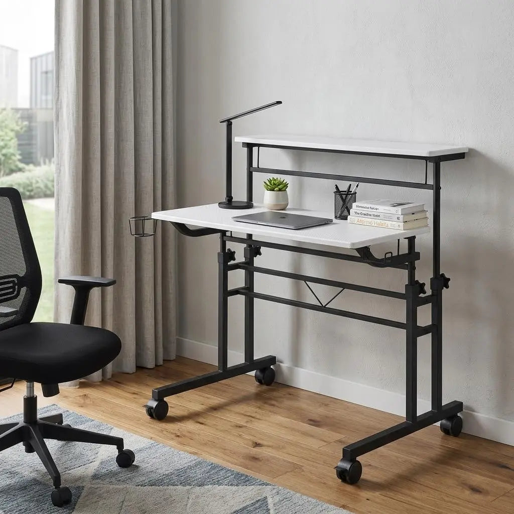 Adjustable White and Black Wood and Stainless Steel Rolling Standing Desk Homeroots Office