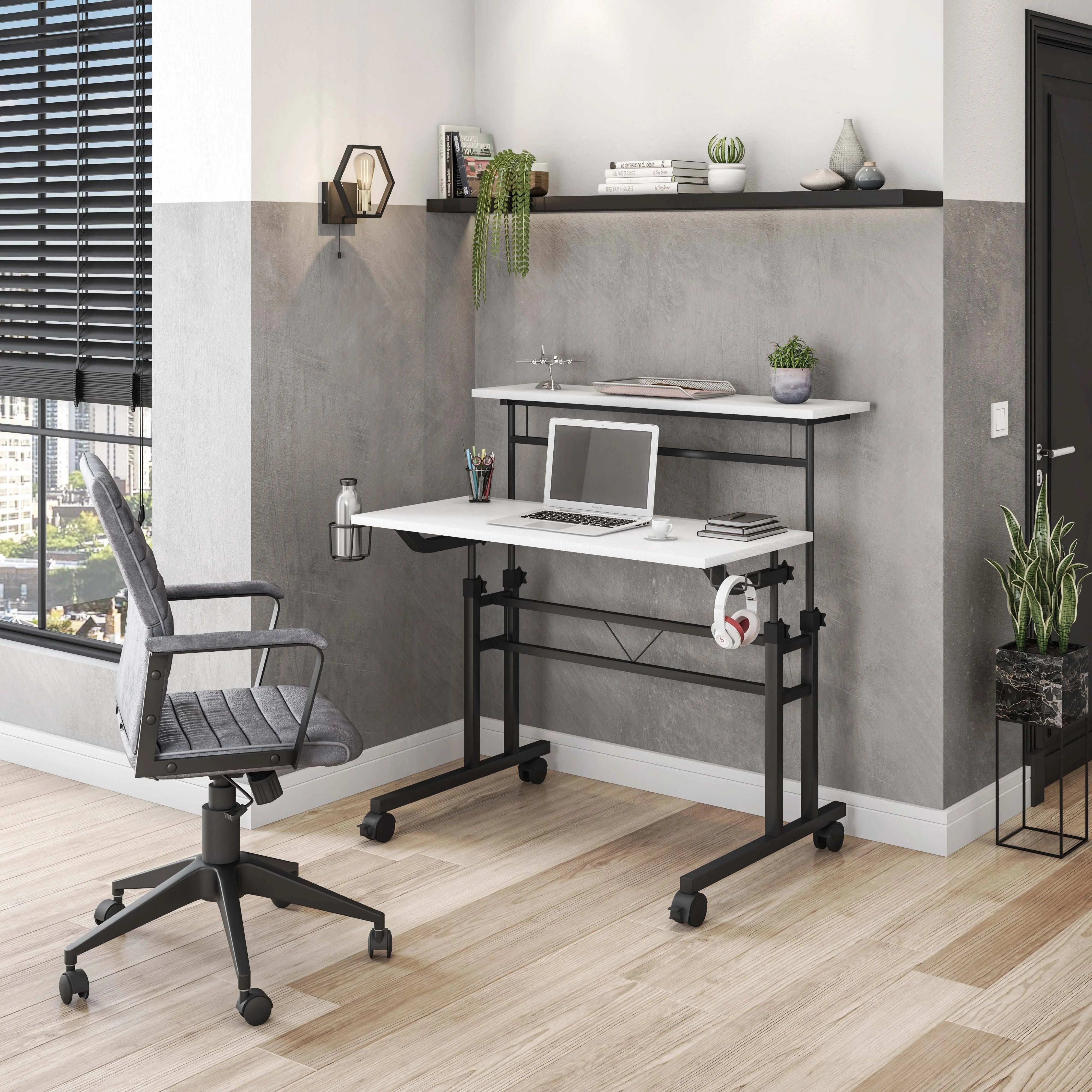 Adjustable White and Black Wood and Stainless Steel Rolling Standing Desk Homeroots Office