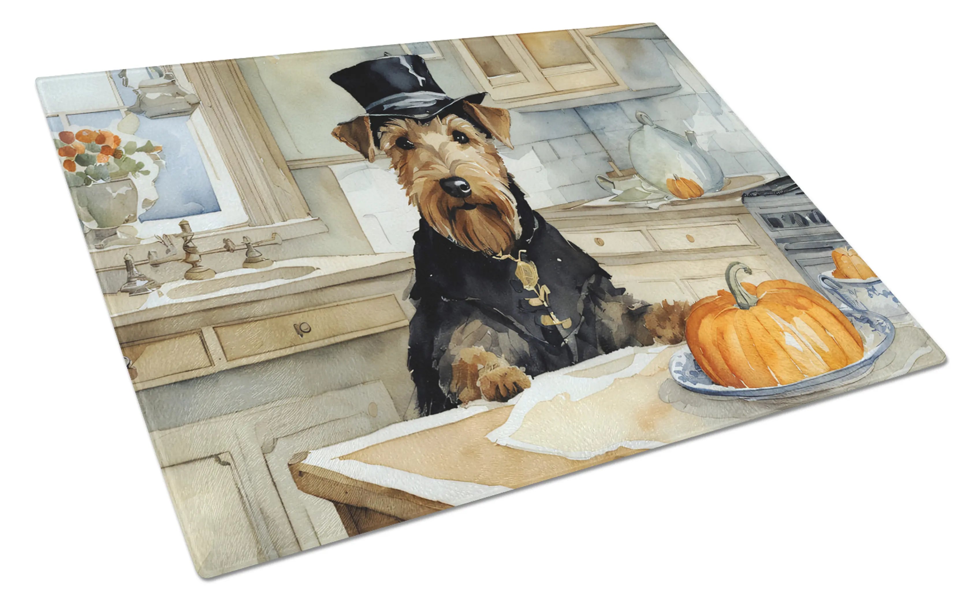 Airedale Terrier Fall Kitchen Pumpkins Glass Cutting Board Caroline's Treasures