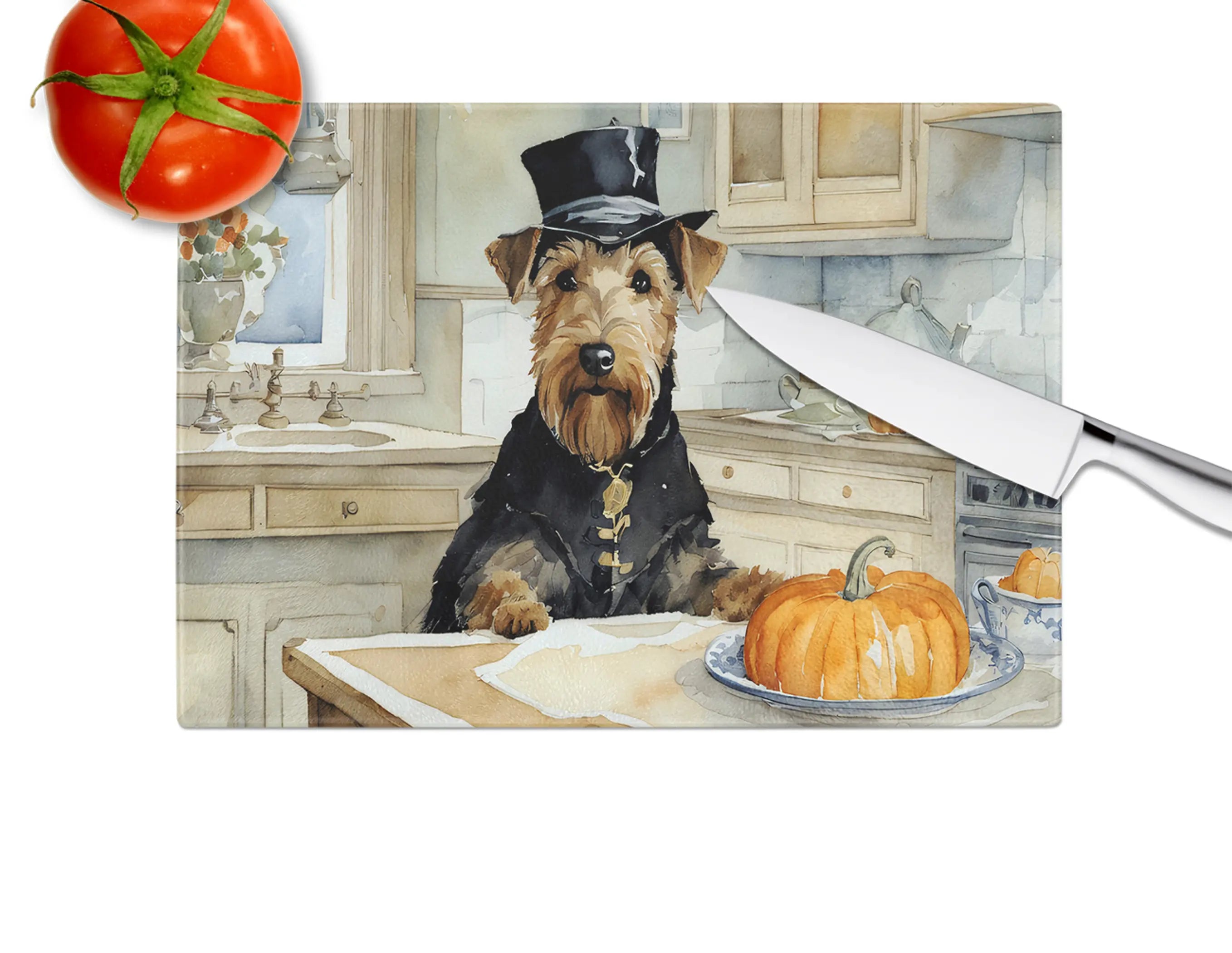Airedale Terrier Fall Kitchen Pumpkins Glass Cutting Board Caroline's Treasures