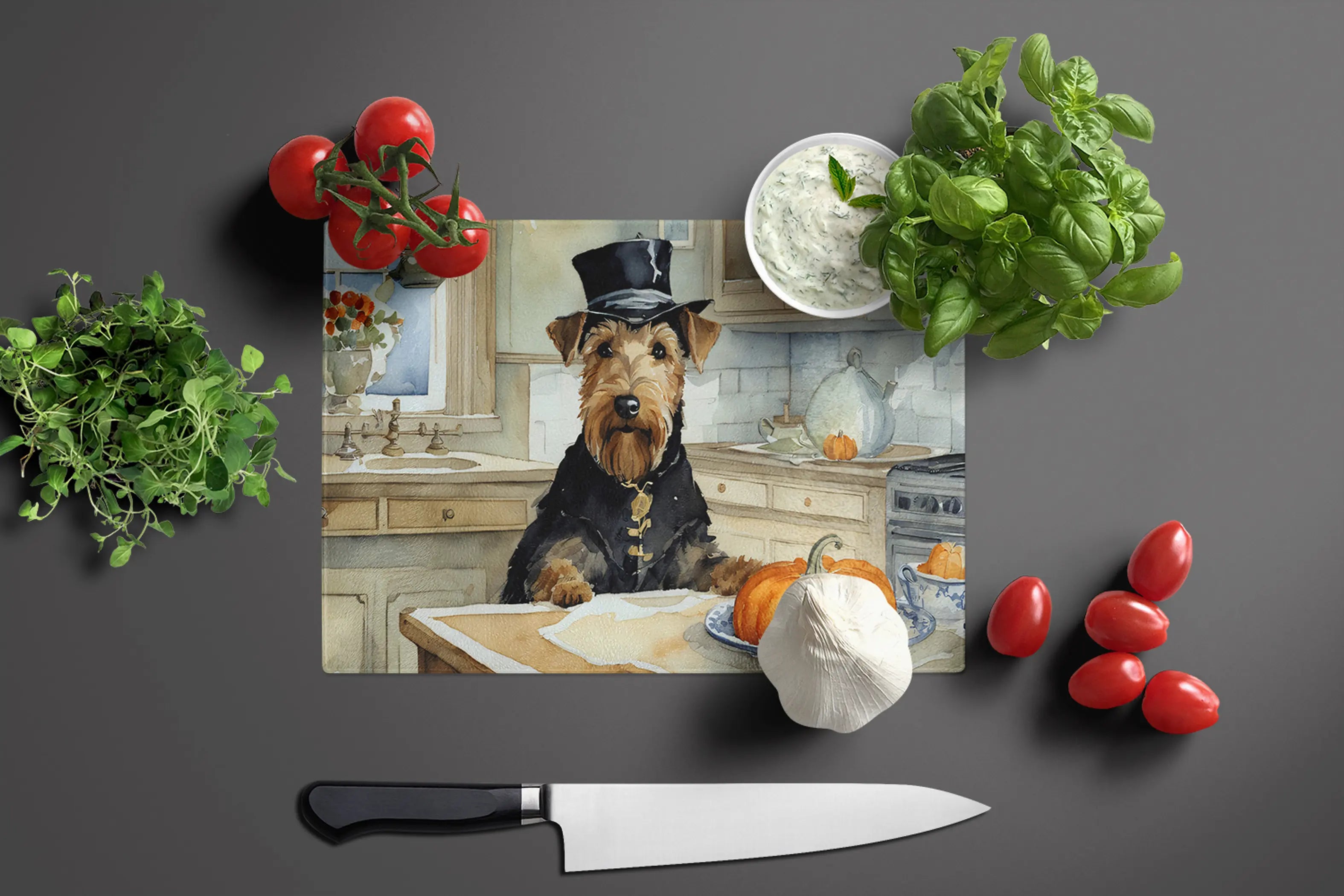 Airedale Terrier Fall Kitchen Pumpkins Glass Cutting Board Caroline's Treasures