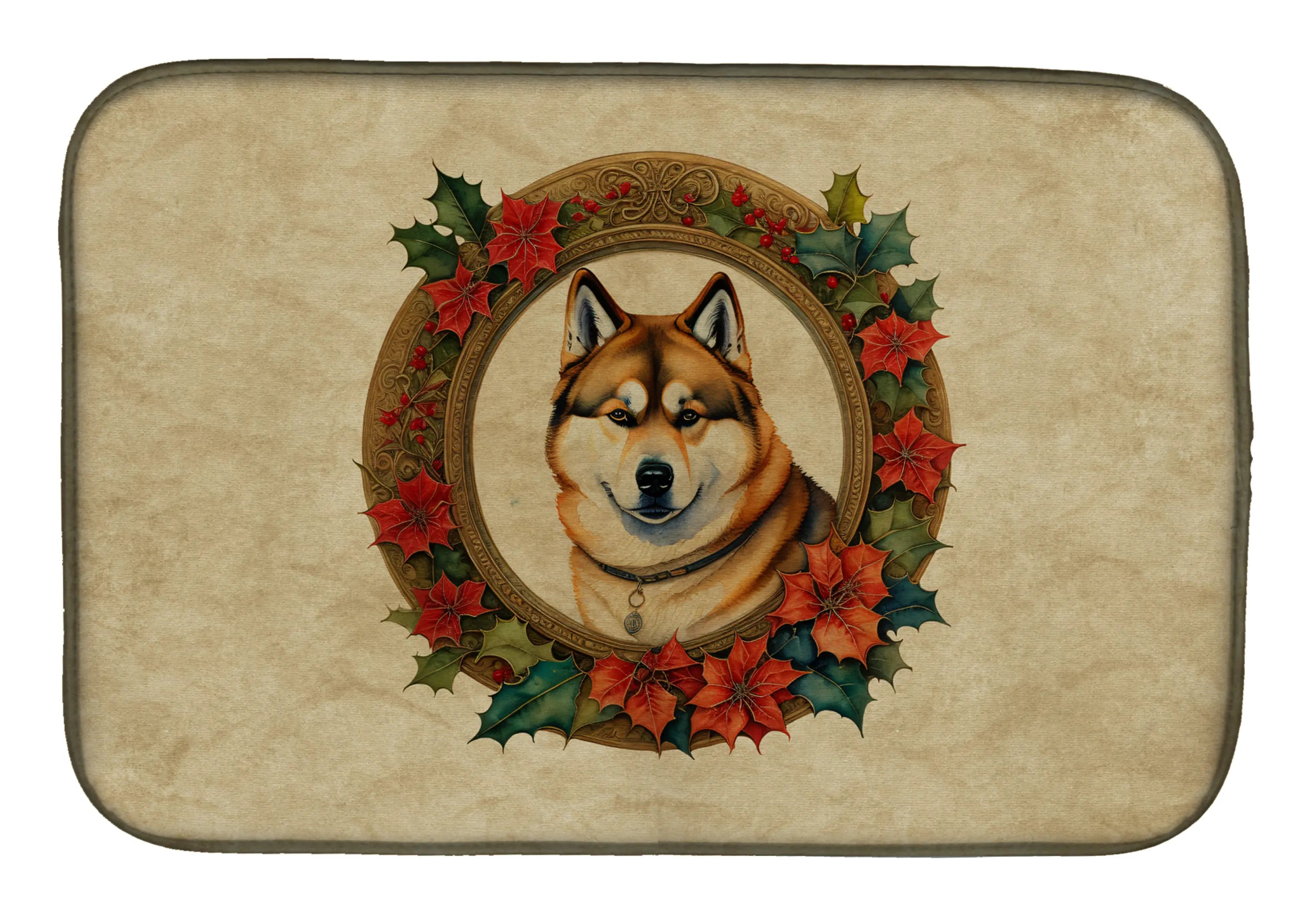 Akita Christmas Flowers Dish Drying Mat Caroline's Treasures