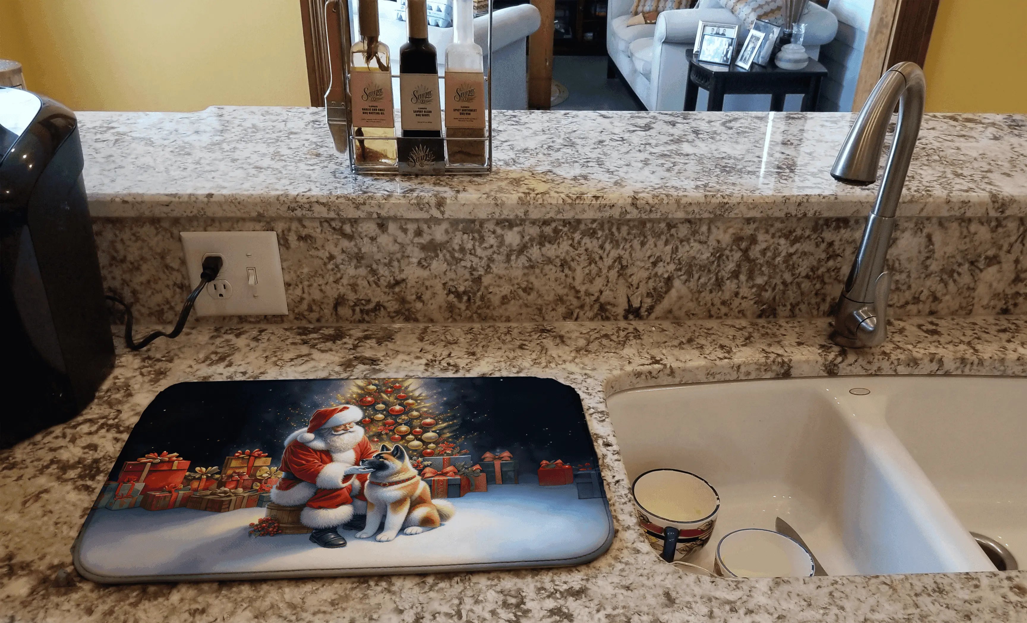 Akita and Santa Claus Dish Drying Mat Caroline's Treasures