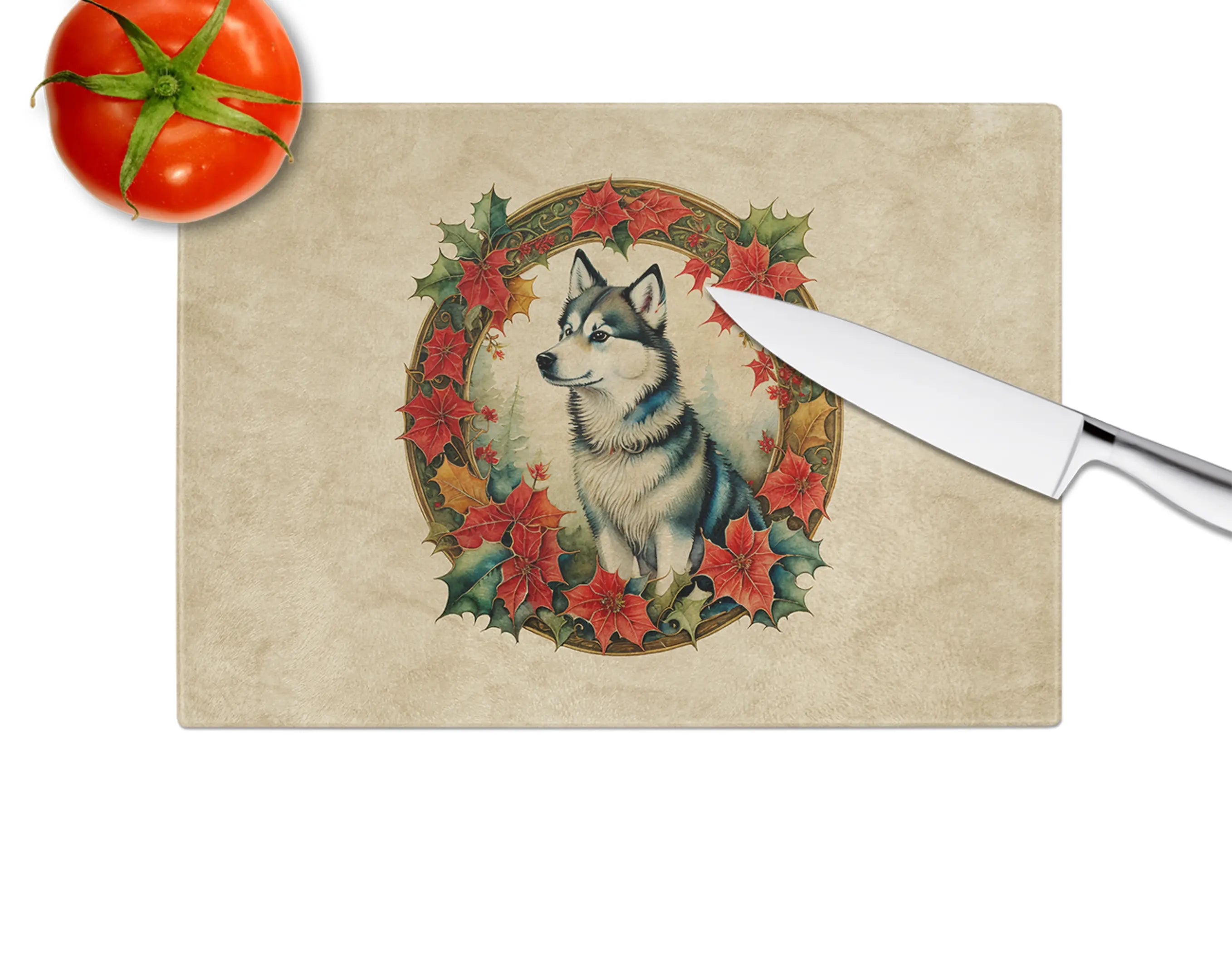 Alaskan Klee Kai Christmas Flowers Glass Cutting Board Caroline's Treasures