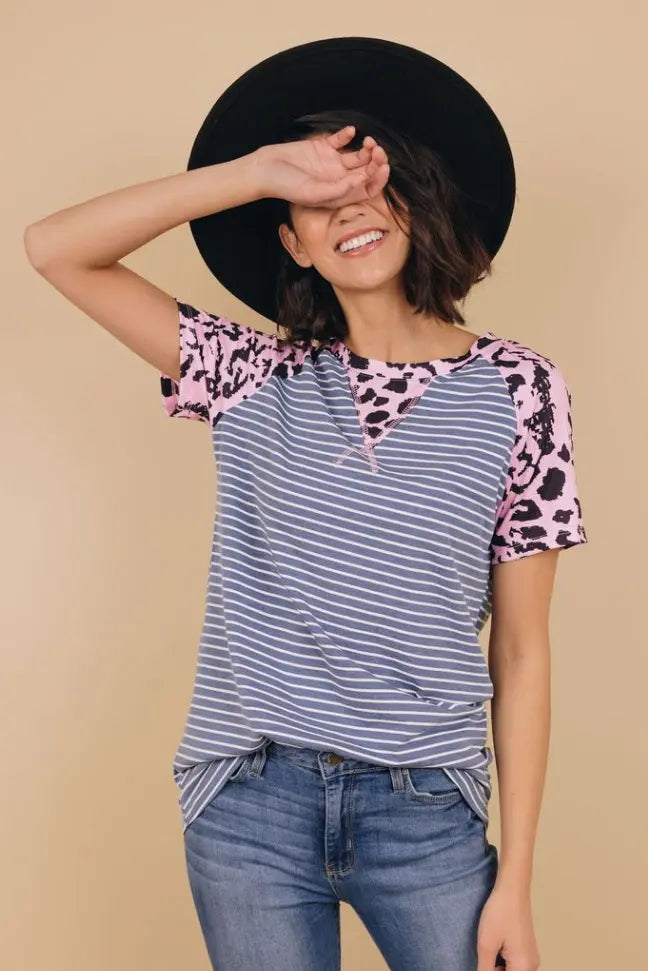 Always Ahead Leopard Stripe Tee Stay Warm in Style