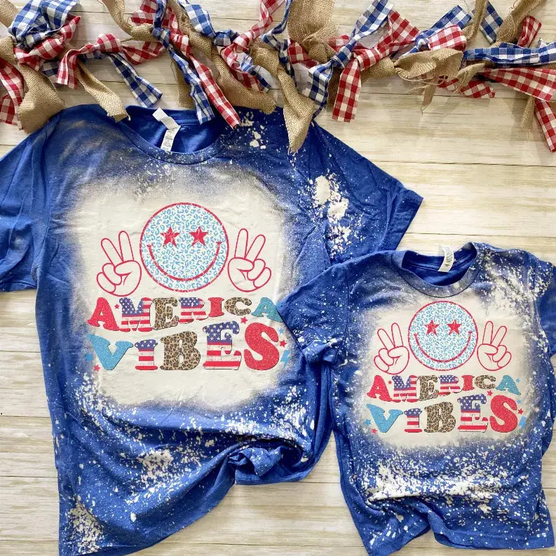 America Vibes Smiley Bleached Shirt - 4th of July Shirt CK's Boutique