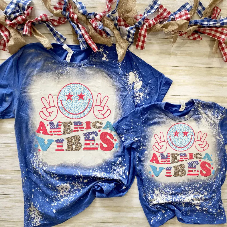 America Vibes Smiley Bleached Shirt - 4th of July Shirt CK's Boutique