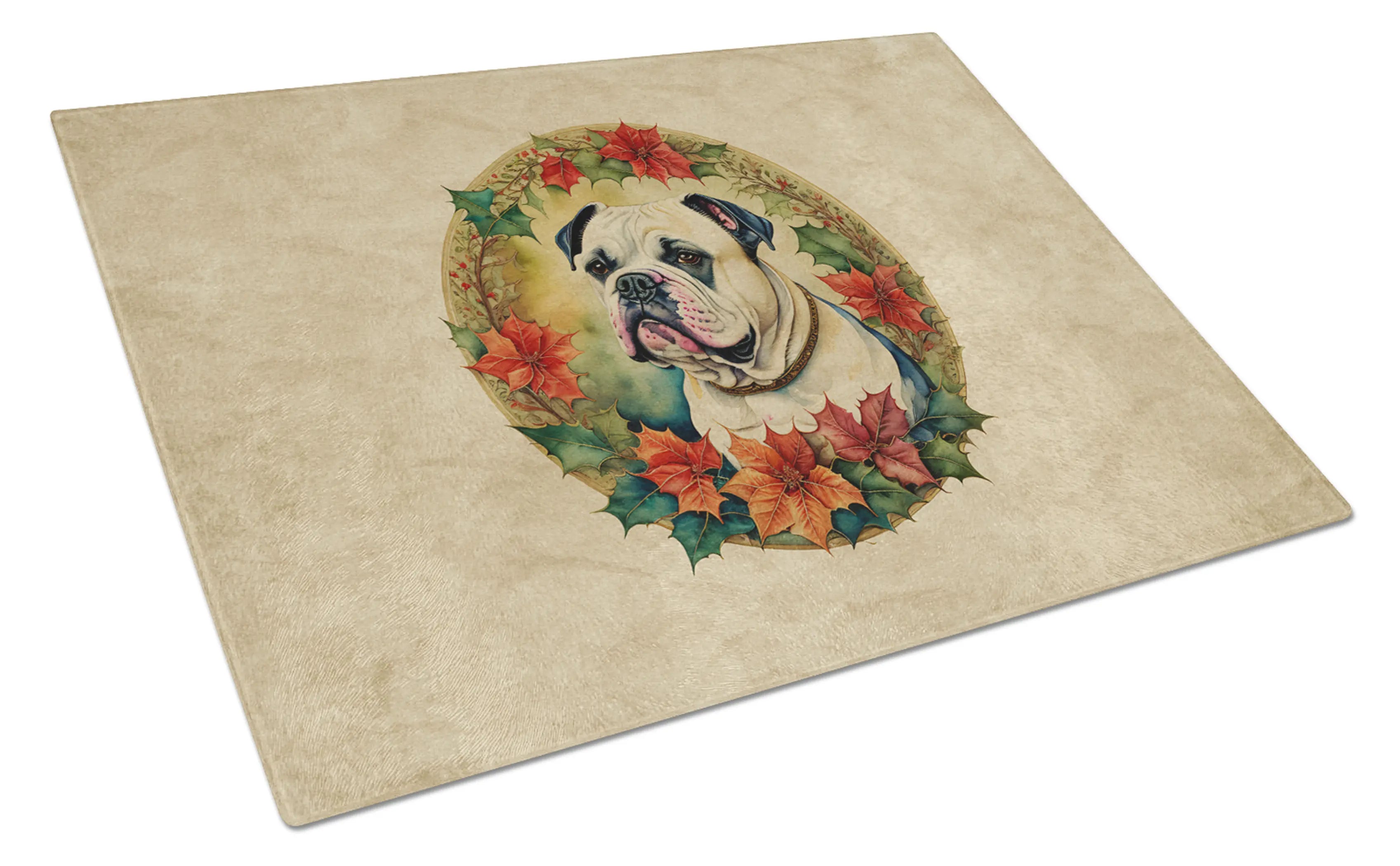 American Bulldog Christmas Flowers Glass Cutting Board Caroline's Treasures