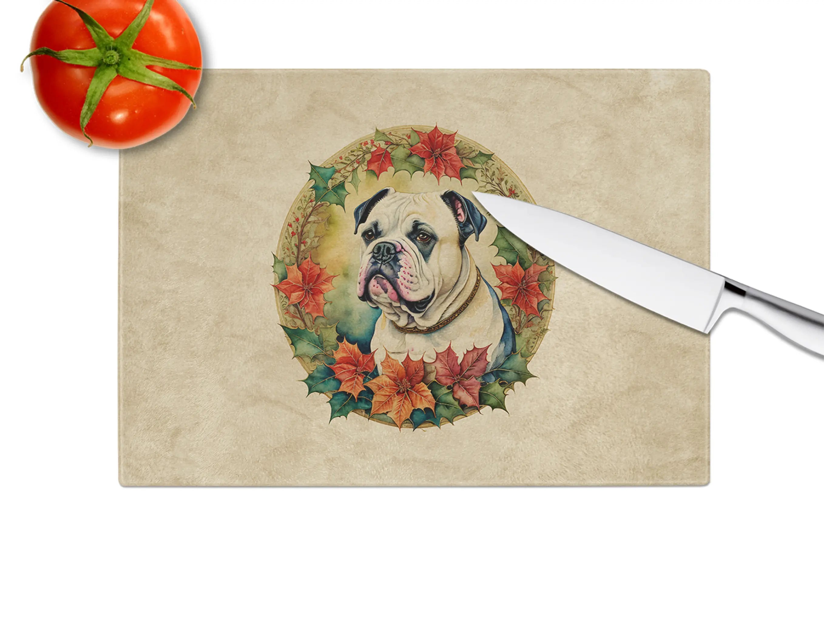 American Bulldog Christmas Flowers Glass Cutting Board Caroline's Treasures