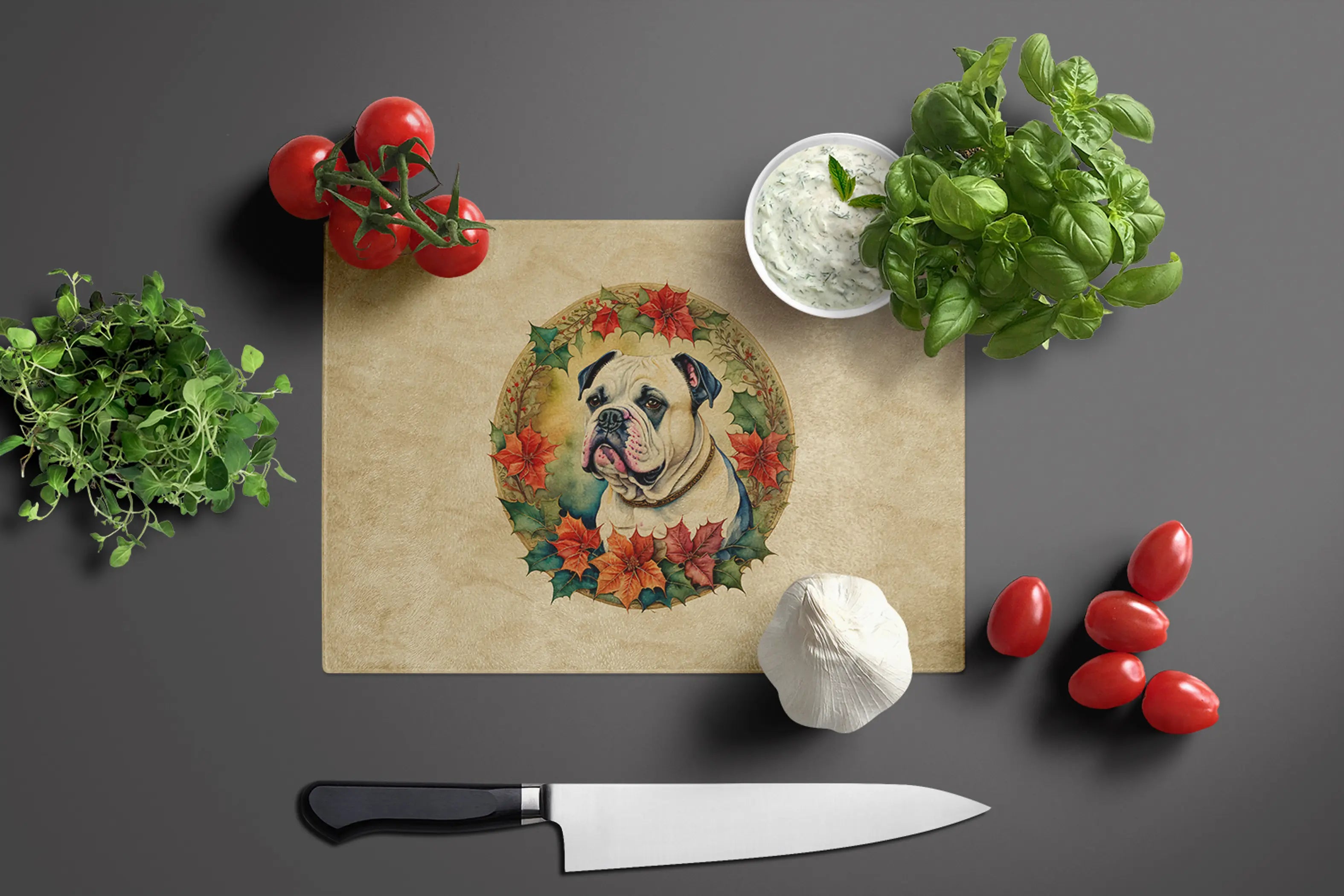 American Bulldog Christmas Flowers Glass Cutting Board Caroline's Treasures