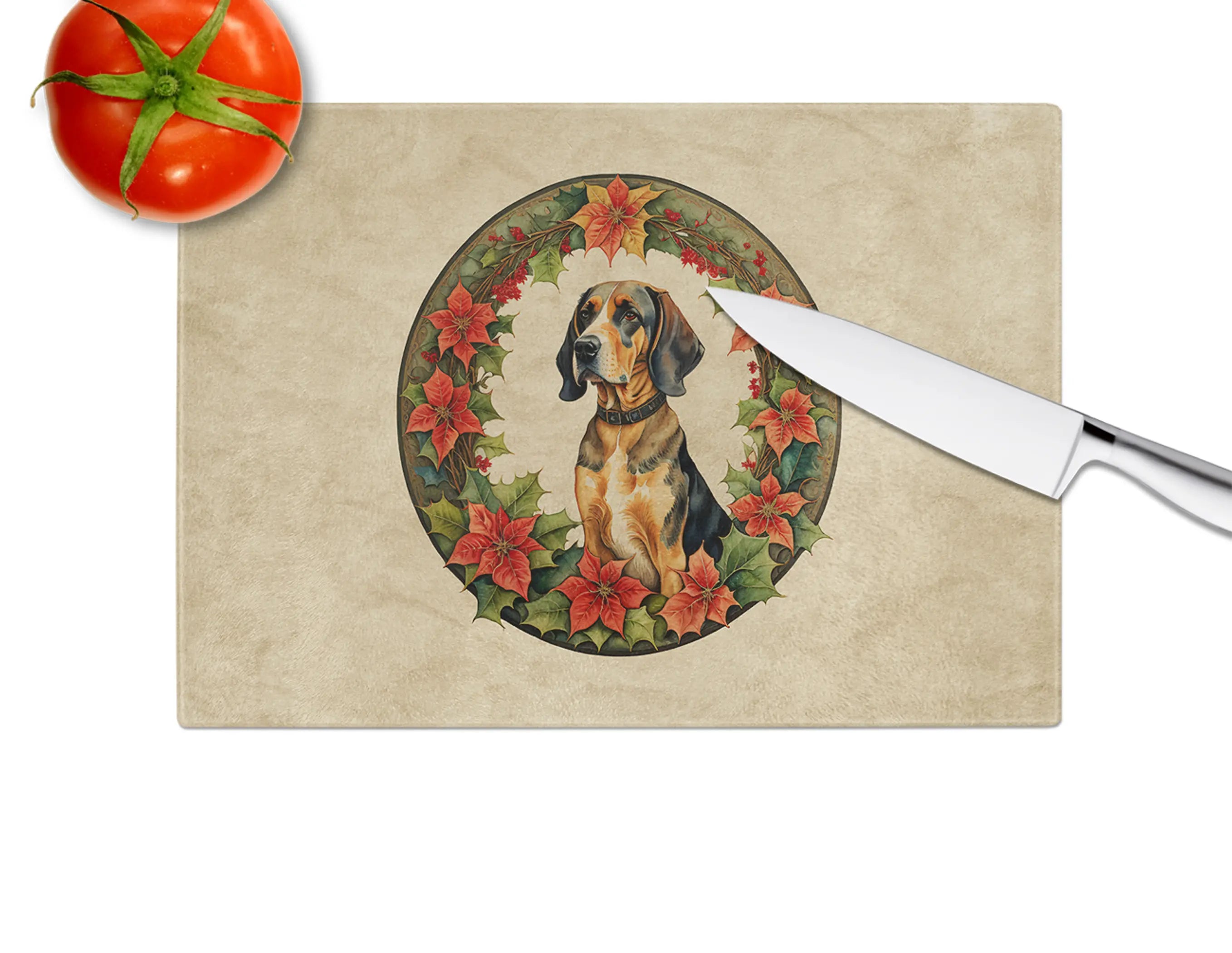 American English Coonhound Christmas Flowers Glass Cutting Board Caroline's Treasures
