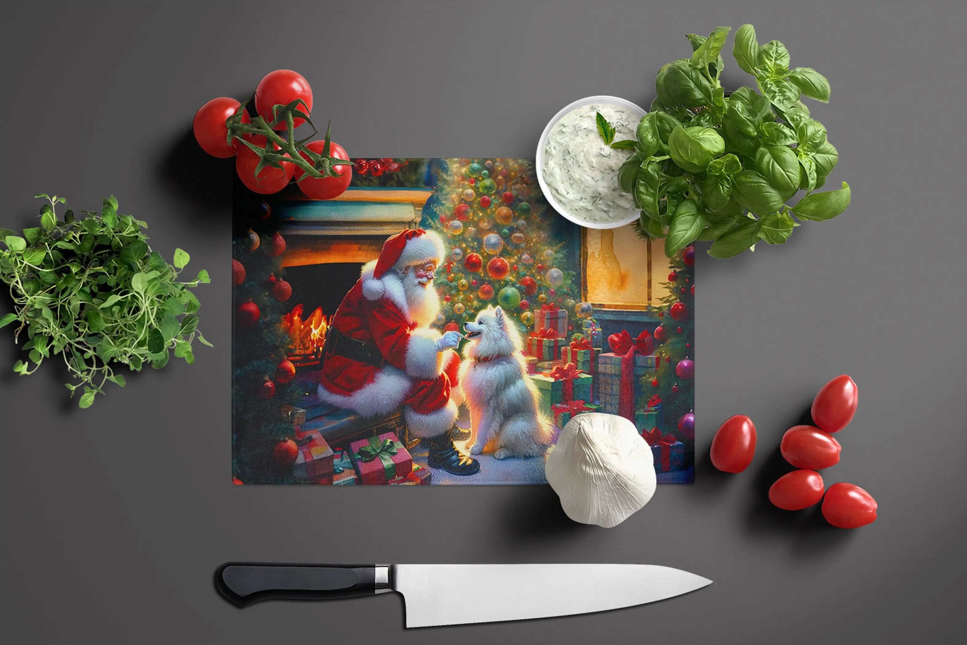 American Eskimo and Santa Claus Glass Cutting Board Caroline's Treasures