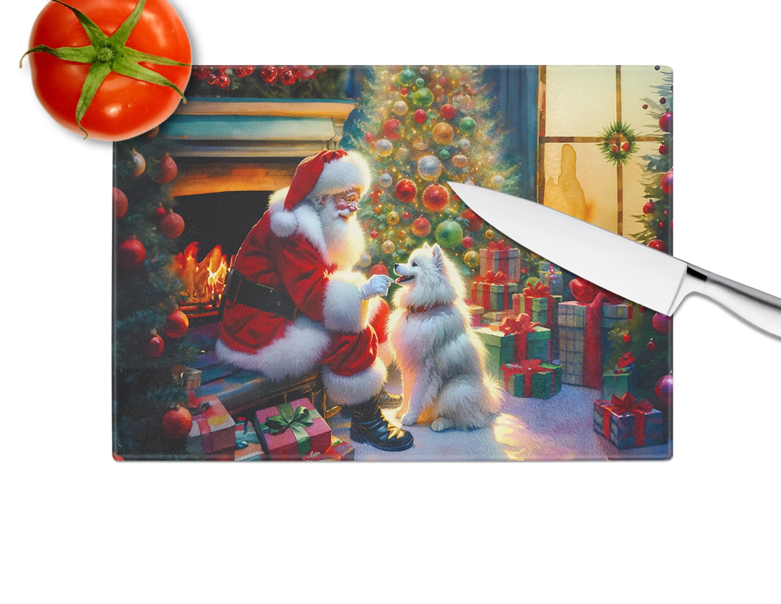 American Eskimo and Santa Claus Glass Cutting Board Caroline's Treasures