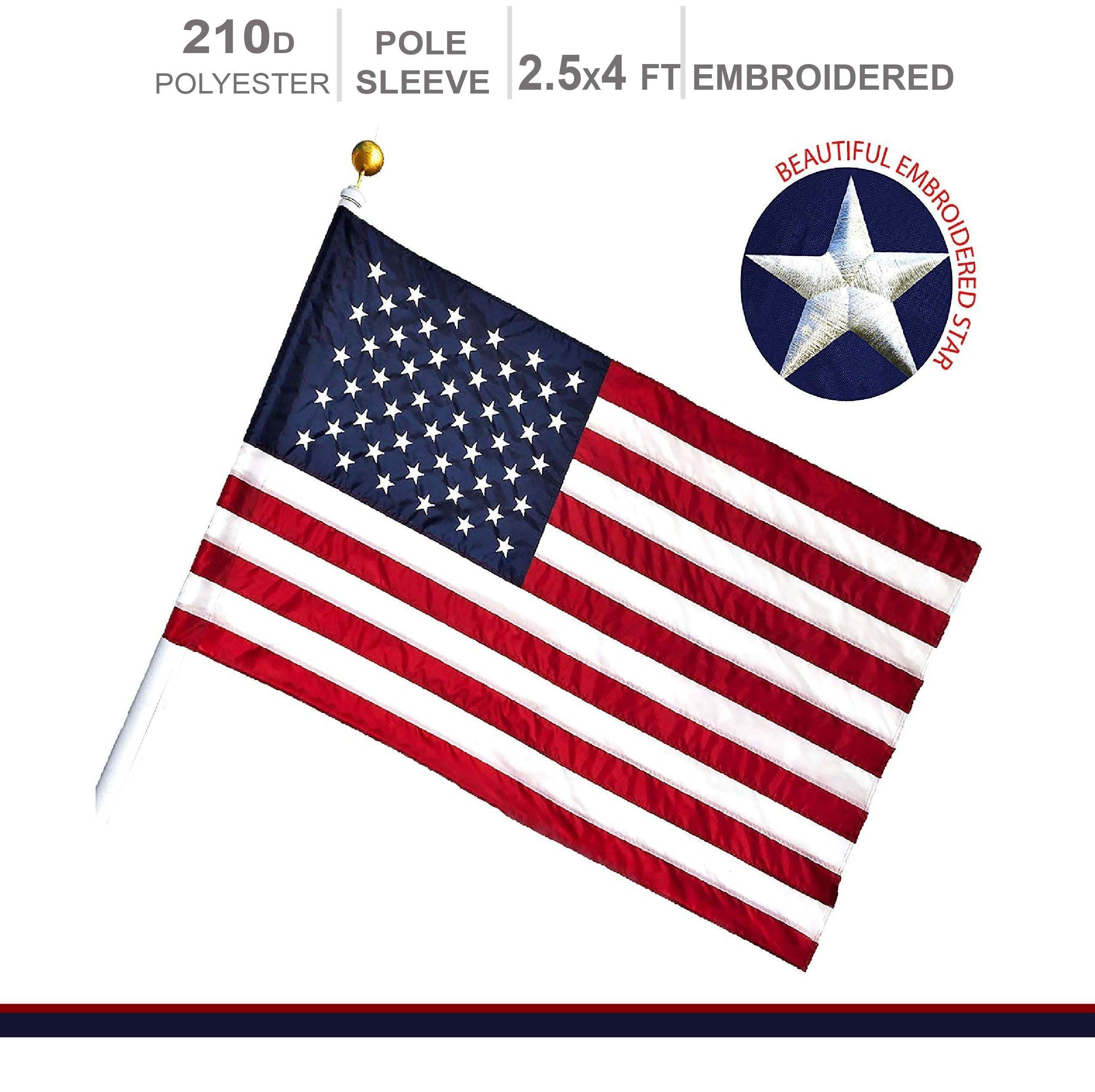 American Flag 210D Embroidered Polyester 2.5x4 Ft - with Pole Sleeve G128