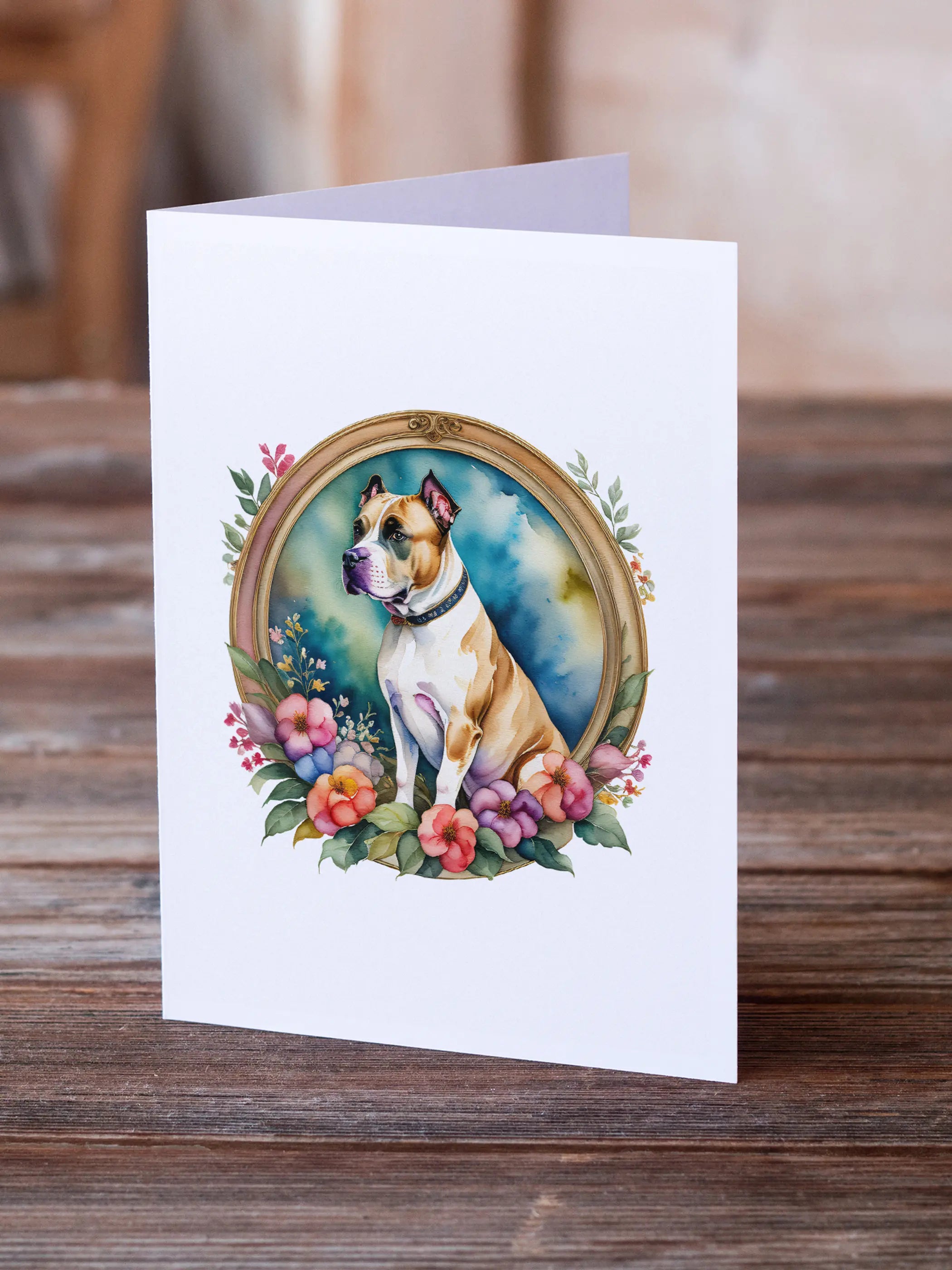 American Staffordshire Terrier and Flowers Greeting Cards Pack of 8 Caroline's Treasures