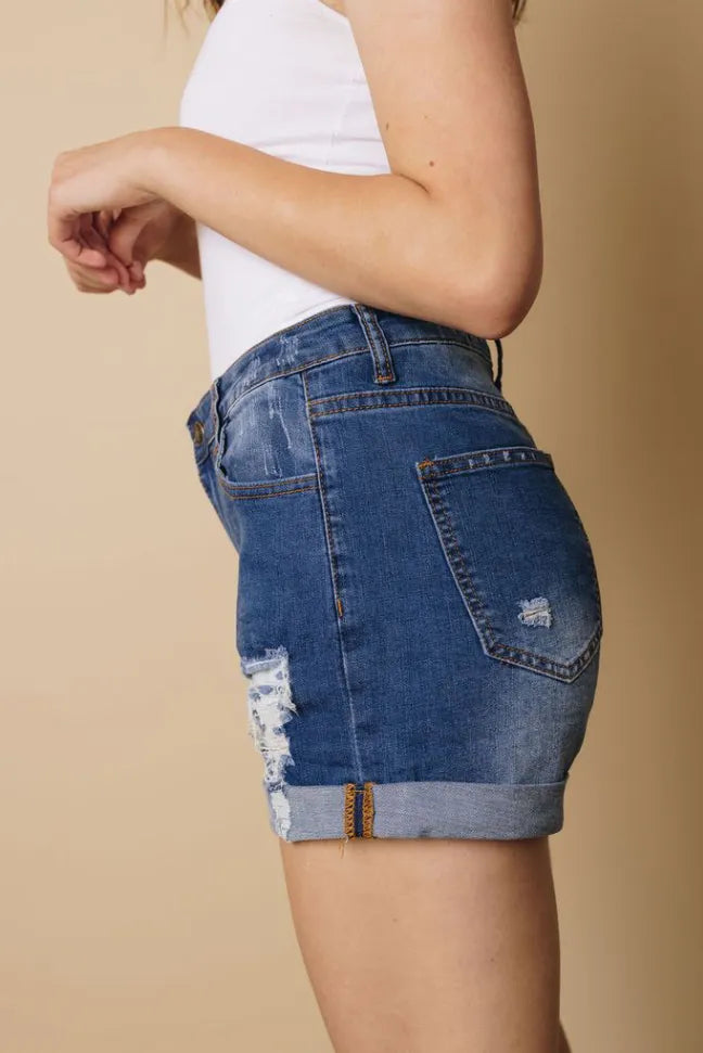 Amy Folded Distressed Denim Shorts Stay Warm in Style