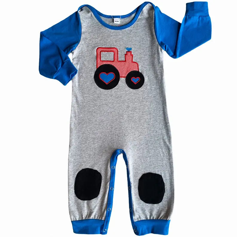 AnnLoren Baby Toddler Boys Long Sleeve Truck Romper Blue and Grey AnnLoren