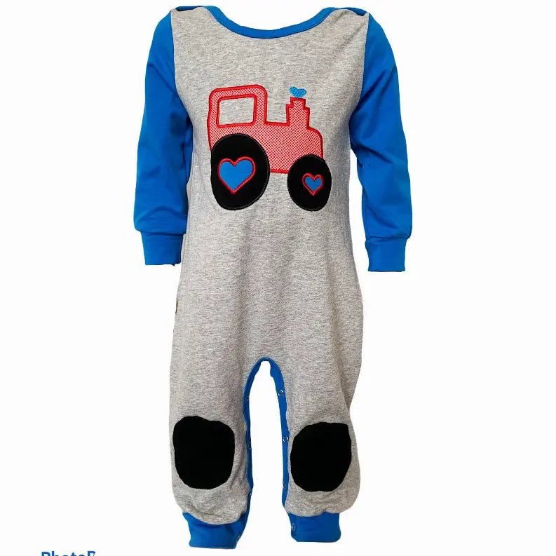 AnnLoren Baby Toddler Boys Long Sleeve Truck Romper Blue and Grey AnnLoren