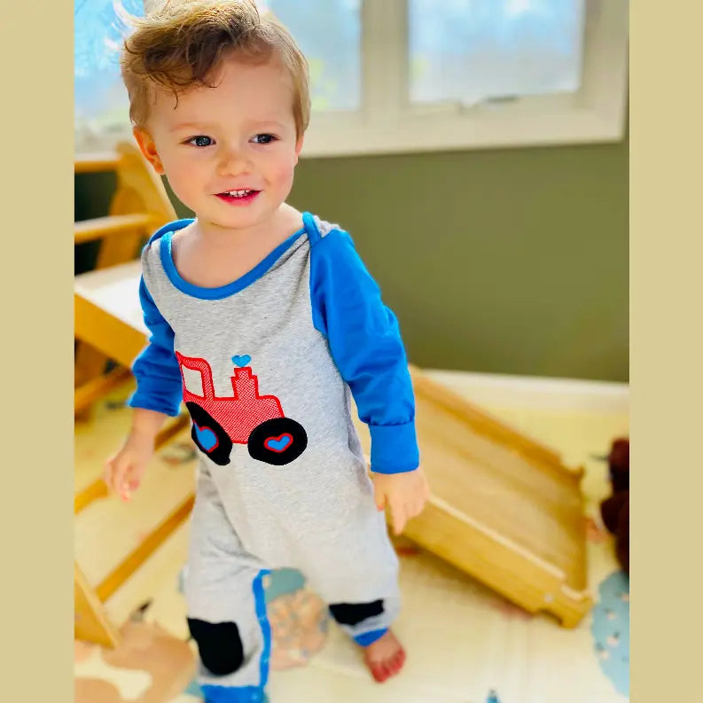 AnnLoren Baby Toddler Boys Long Sleeve Truck Romper Blue and Grey AnnLoren