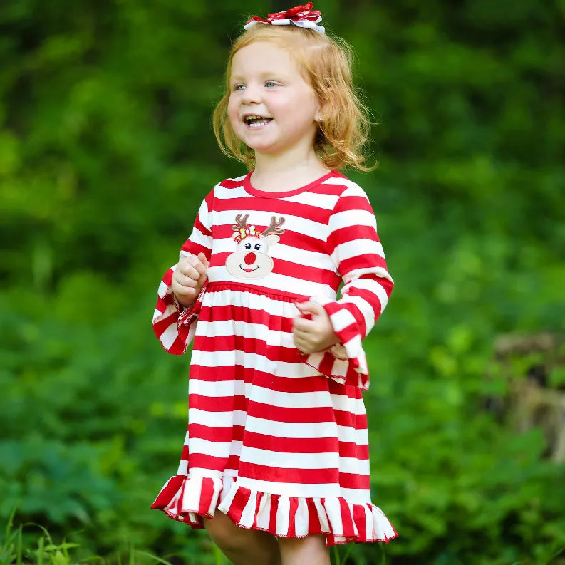 AnnLoren Girls Boutique Red Stripe Christmas Rudolf the Reindeer Swing Dress AnnLoren