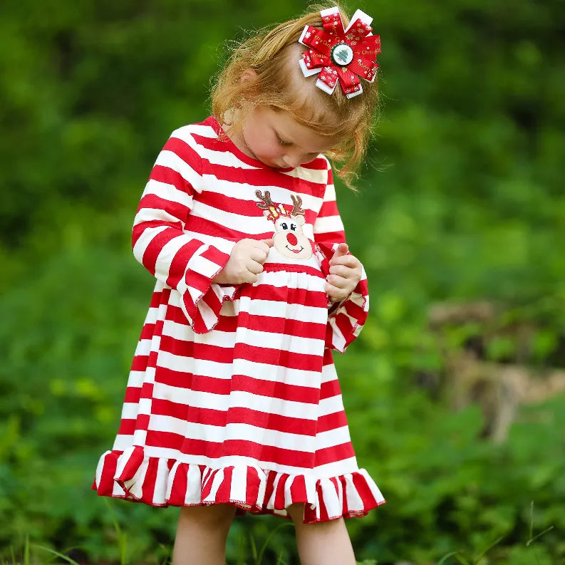 AnnLoren Girls Boutique Red Stripe Christmas Rudolf the Reindeer Swing Dress AnnLoren