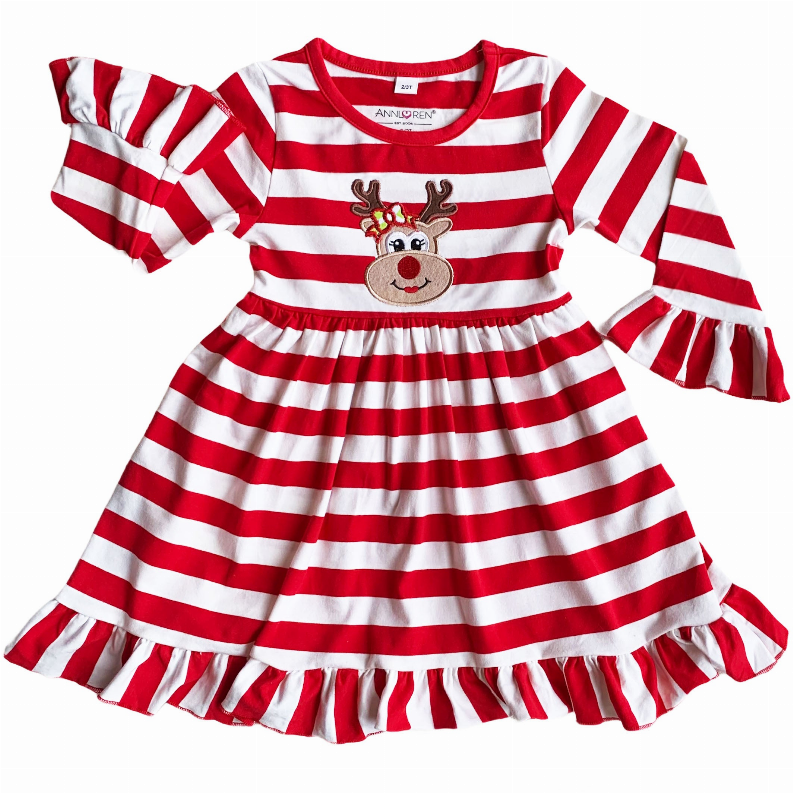 AnnLoren Girls Boutique Red Stripe Christmas Rudolf the Reindeer Swing Dress AnnLoren