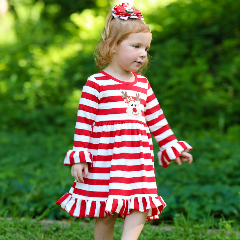AnnLoren Girls Boutique Red Stripe Christmas Rudolf the Reindeer Swing Dress AnnLoren