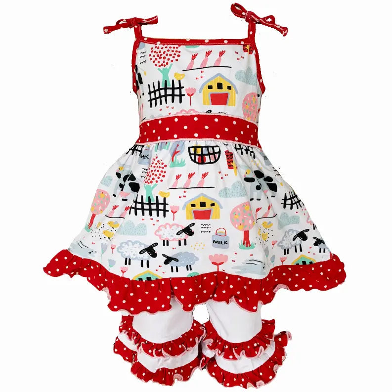 AnnLoren Little & Big Girls Farm Animals Dress and Capri Ruffle Leggings Outfit AnnLoren