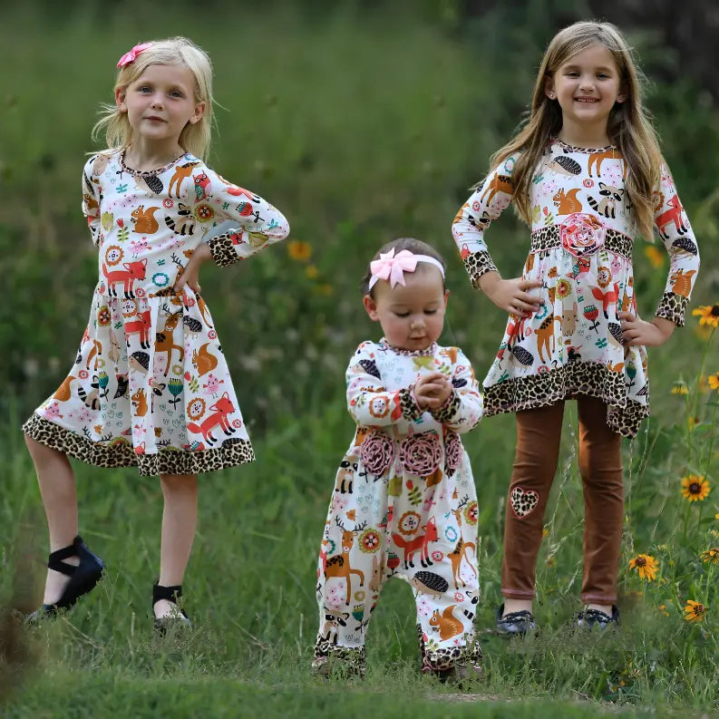 AnnLoren Little & Big Girls Long Sleeve Boutique Forest Friends Fall Dress AnnLoren