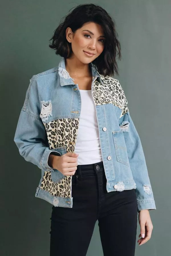 Annie Leopard Denim Jacket Stay Warm in Style