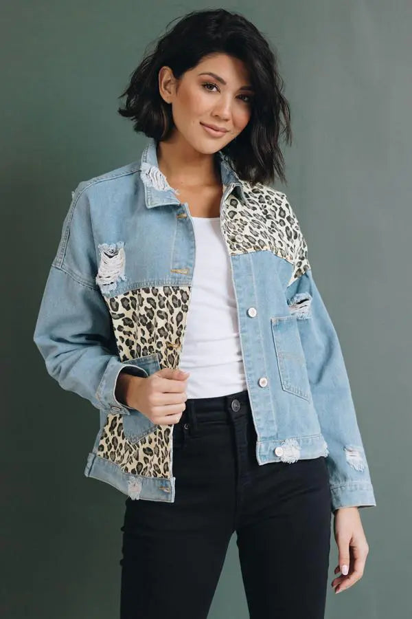 Annie Leopard Denim Jacket Stay Warm in Style