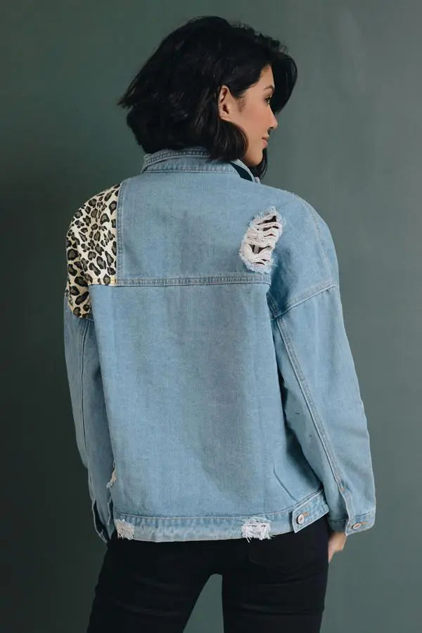 Annie Leopard Denim Jacket Stay Warm in Style