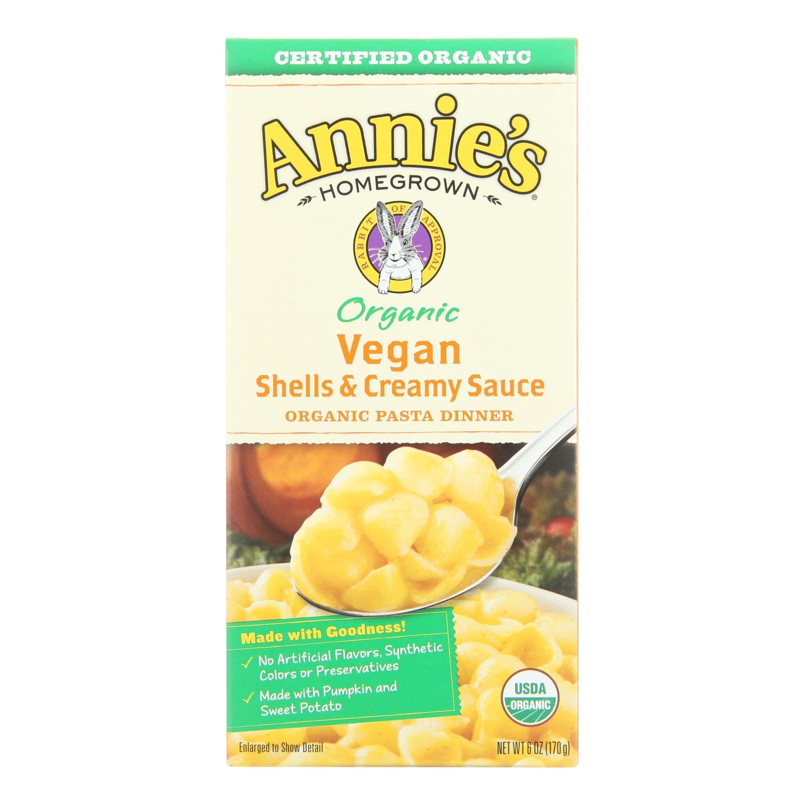 Annie's Homegrown Organic Vegan Shells And Creamy Sauce Pasta Dinner - Case Of 12 - 6 Oz. Annie's Homegrown