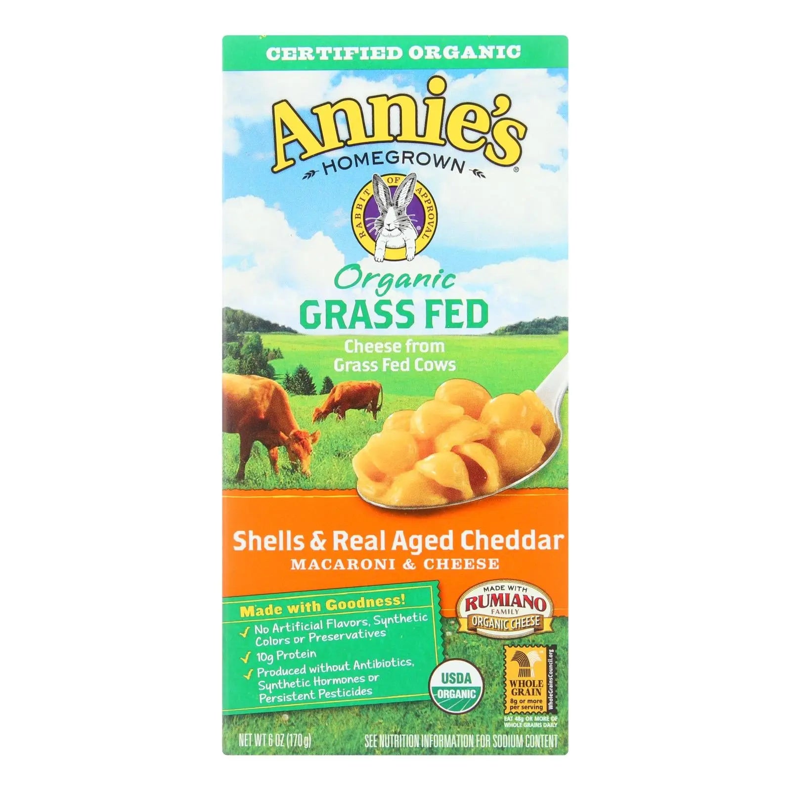 Annies Homegrown Macaroni And Cheese - Organic - Grass Fed - Shells And Real Aged Cheddar - 6 Oz - Case Of 12 - GreatEagleInc