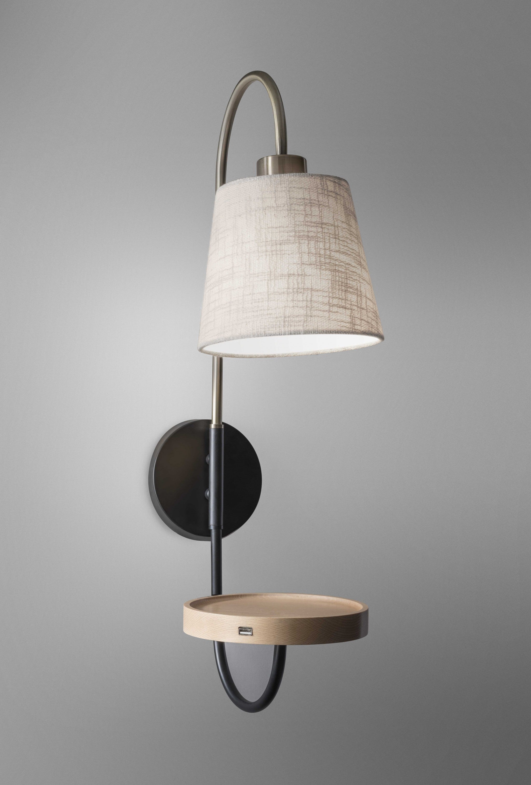 Antique Brass And Black Metal Wall Lamp With Usb Charging Station Wood Shelf - GreatEagleInc