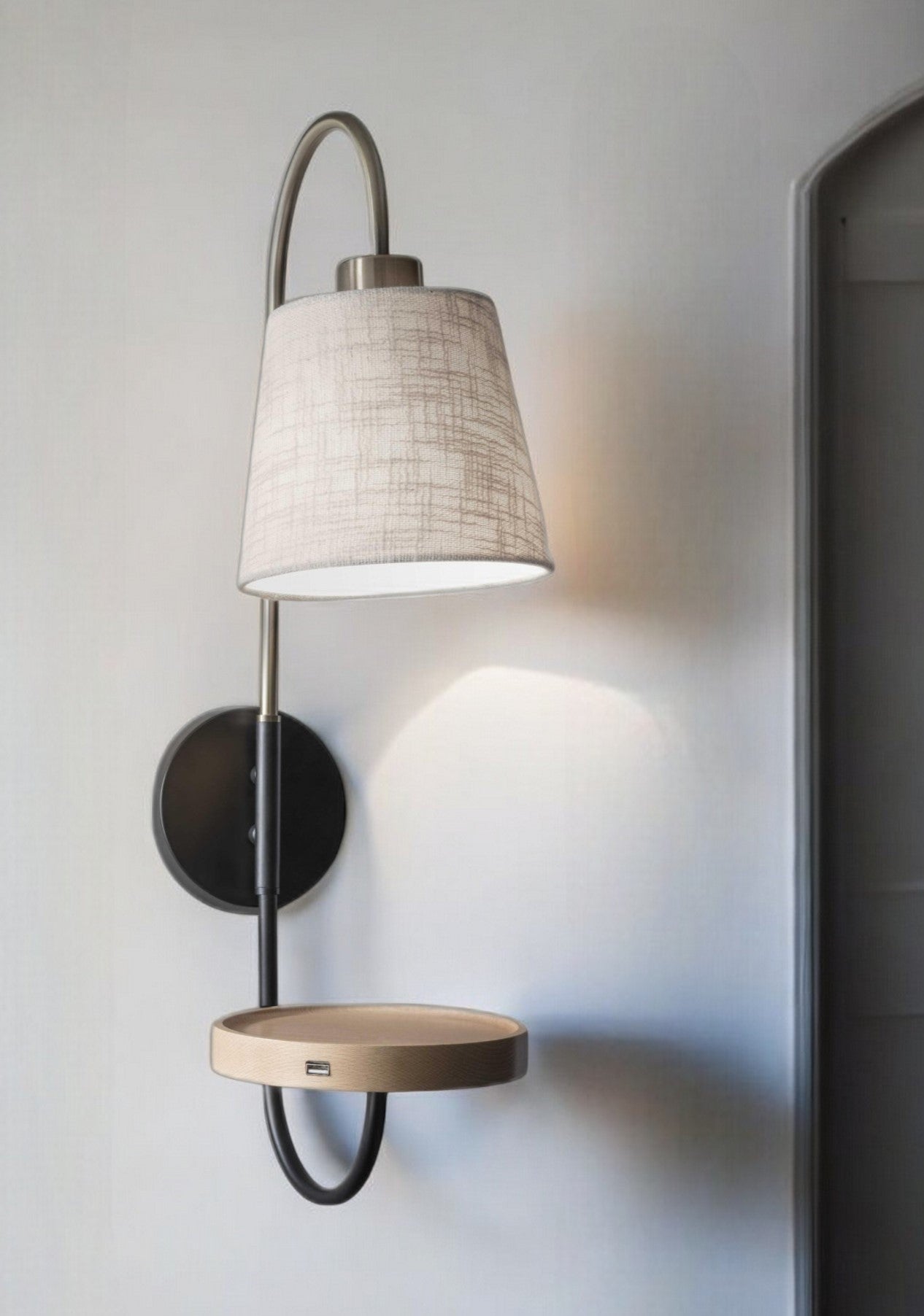 Antique Brass And Black Metal Wall Lamp With Usb Charging Station Wood Shelf - GreatEagleInc