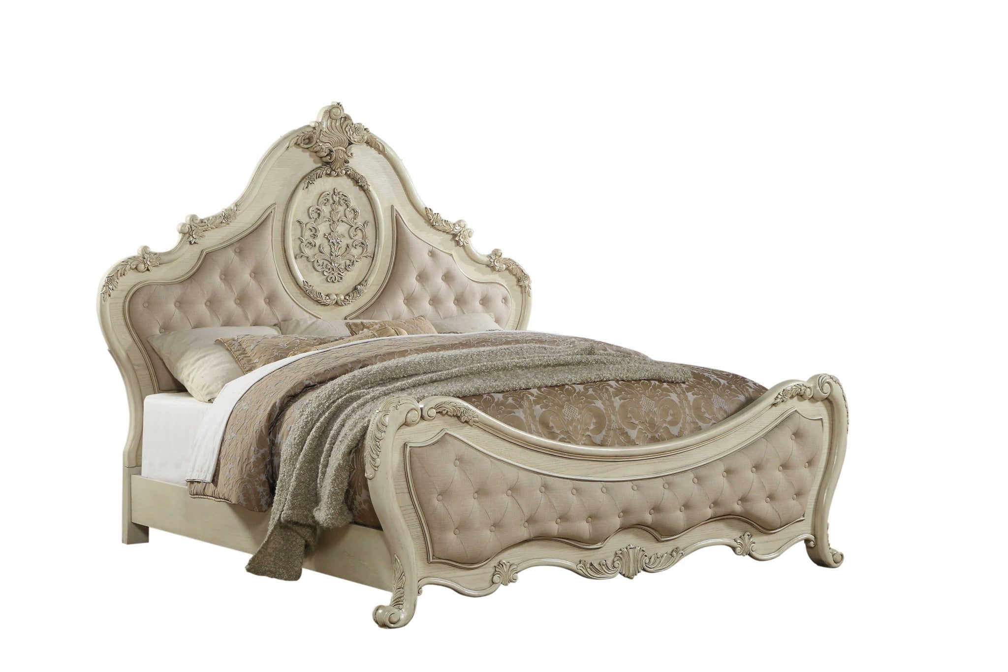 Antiqued White King Tufted Upholstered Linen Bed Frame with Nailhead Trim Homeroots Bed & Bath
