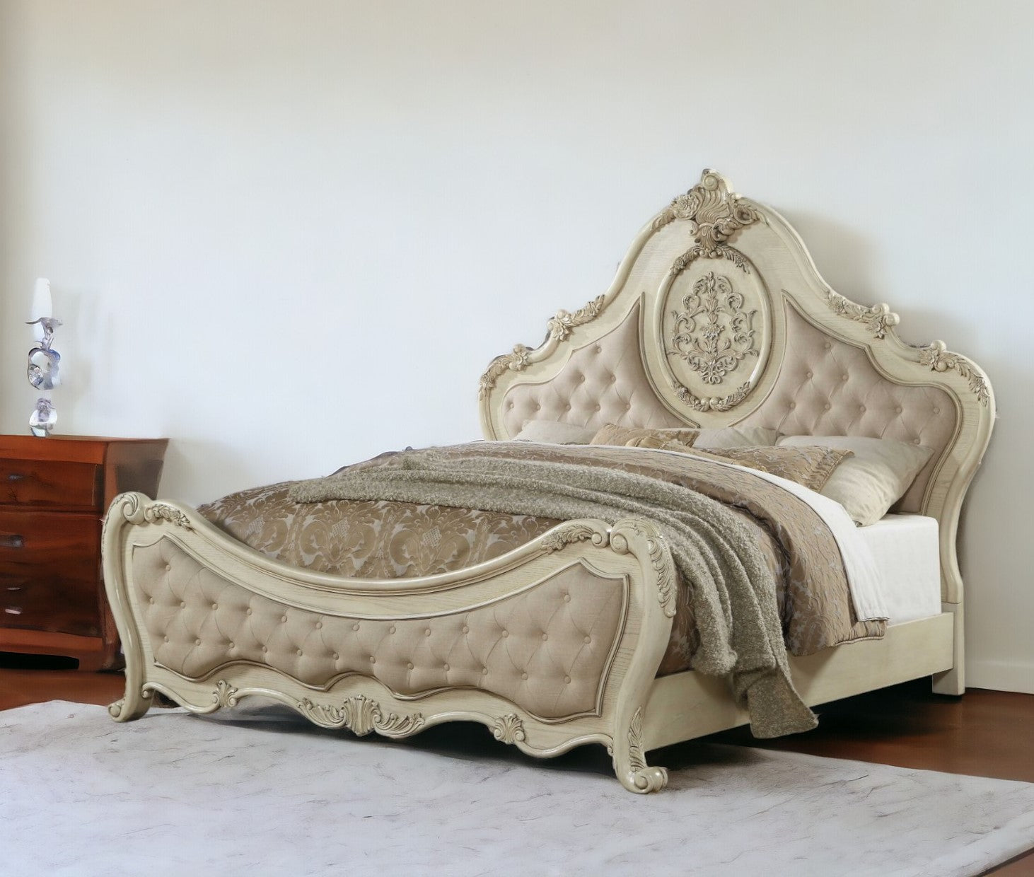 Antiqued White King Tufted Upholstered Linen Bed Frame with Nailhead Trim Homeroots Bed & Bath