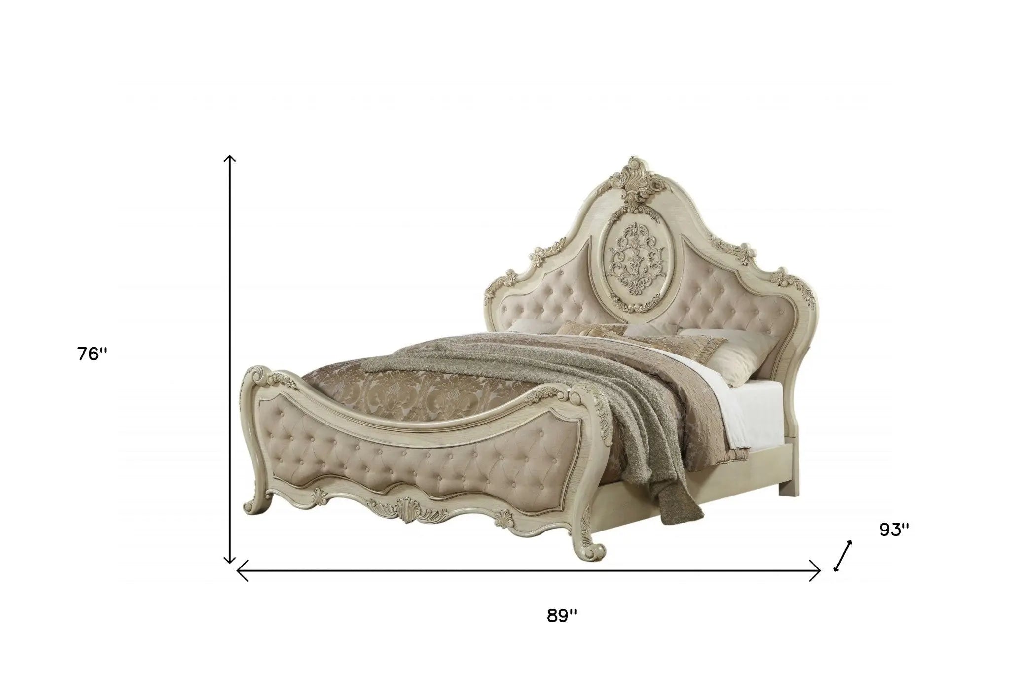 Antiqued White Solid Wood Tufted Upholstered Linen Bed Frame Homeroots Bed & Bath