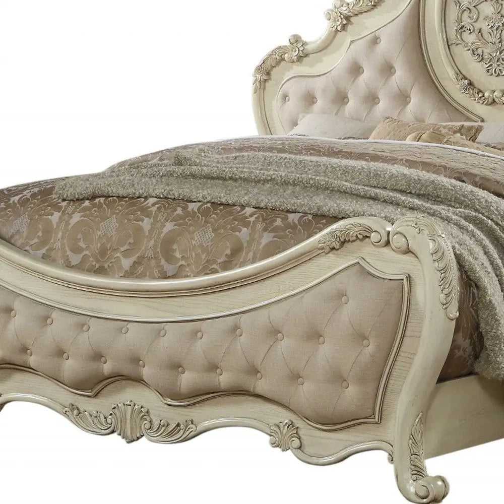 Antiqued White Solid Wood Tufted Upholstered Linen Bed Frame Homeroots Bed & Bath