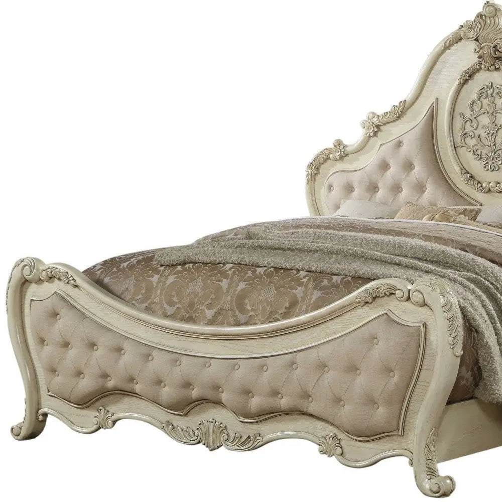 Antiqued White Solid Wood Tufted Upholstered Linen Bed Frame Homeroots Bed & Bath