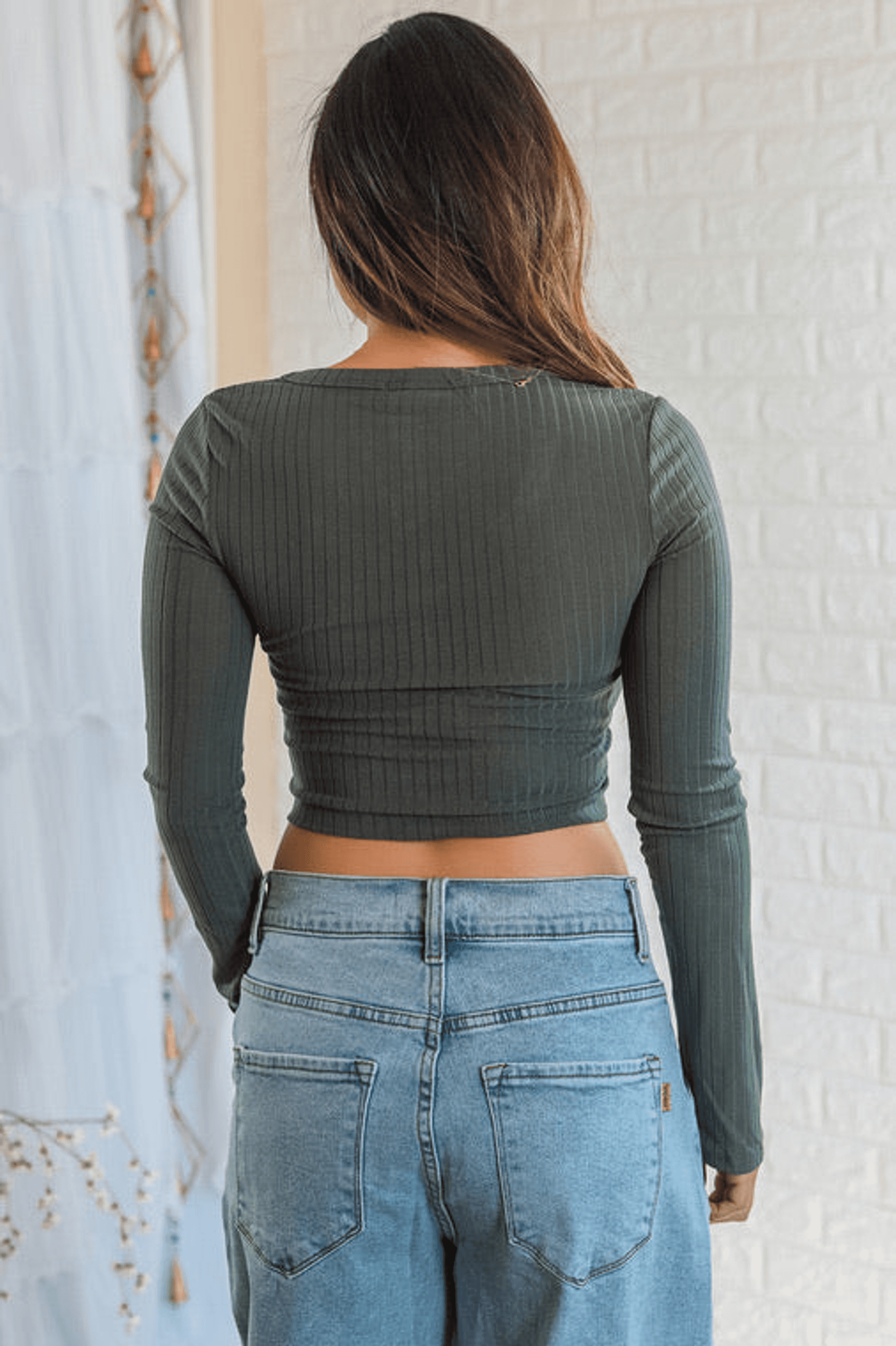 Ariella Button up Ribbed Crop Top Olive SurelyMine