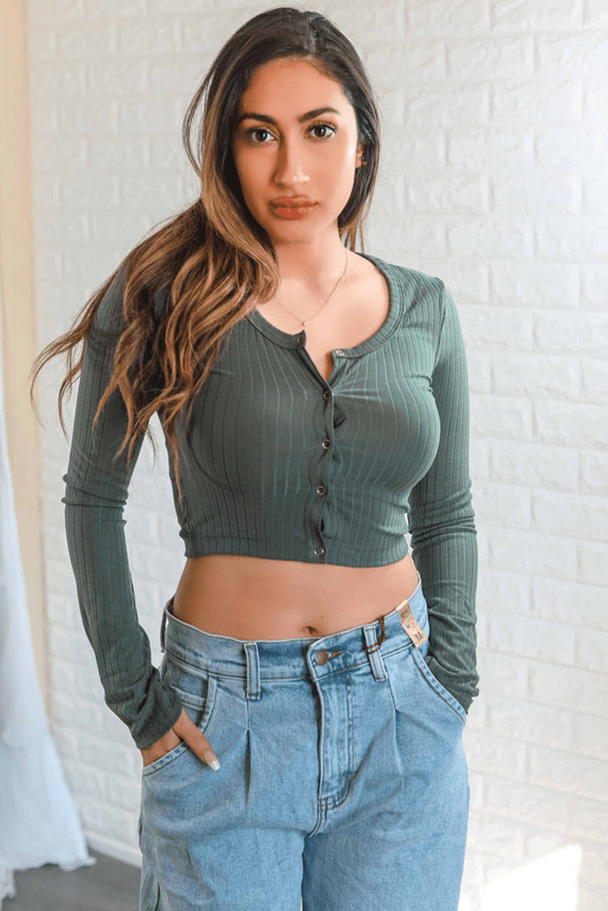Ariella Button up Ribbed Crop Top Olive SurelyMine
