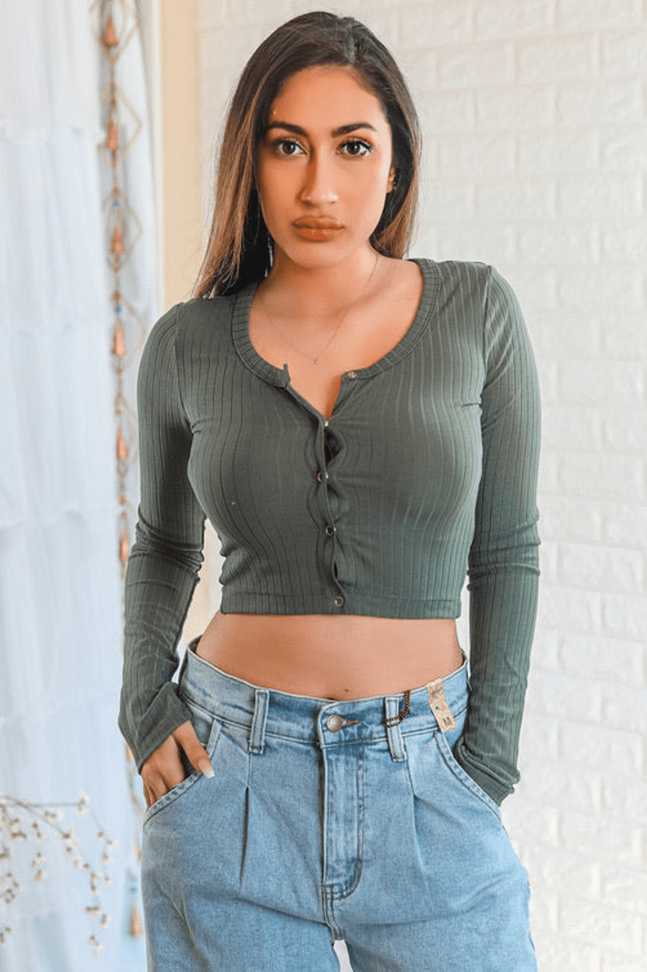 Ariella Button up Ribbed Crop Top Olive SurelyMine