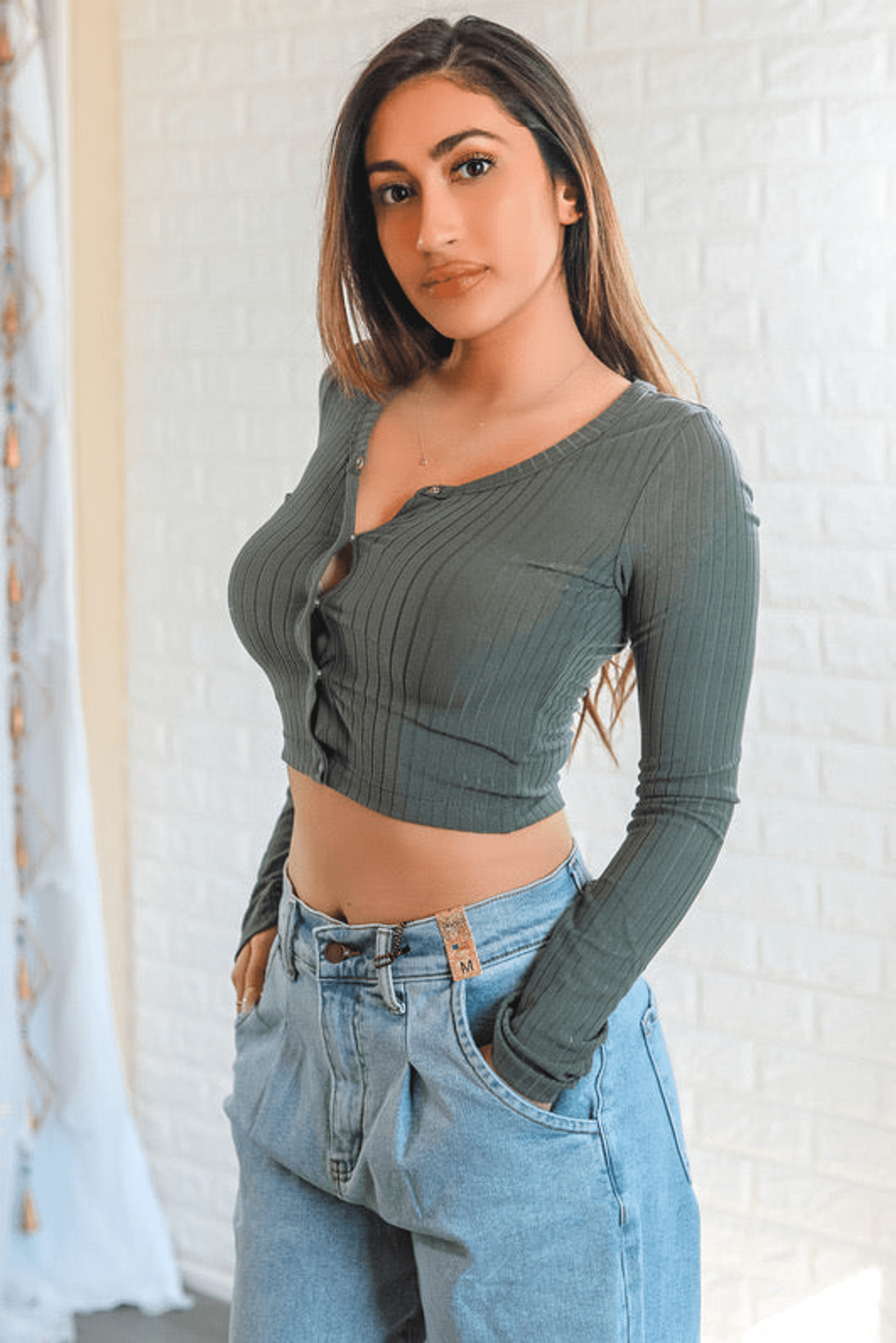 Ariella Button up Ribbed Crop Top Olive SurelyMine