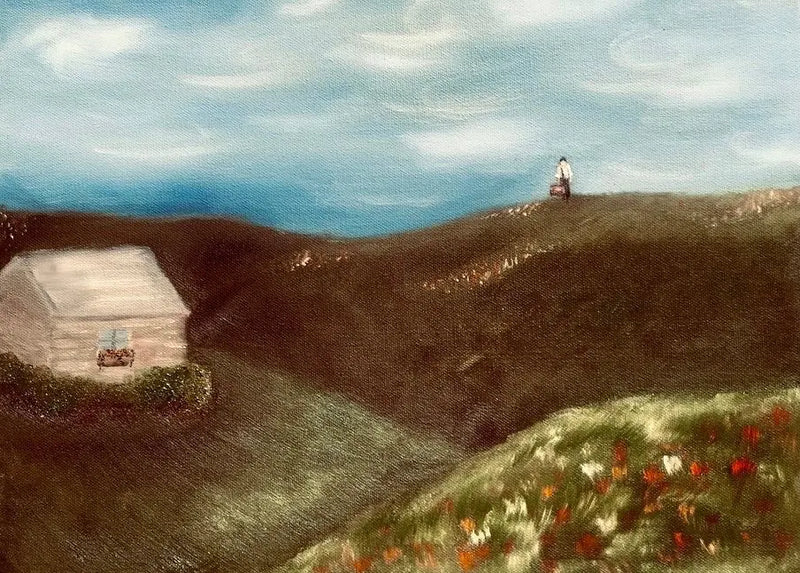 Charming landscape painting featuring a rustic gray cabin on green hills with colorful wildflowers under a blue sky.