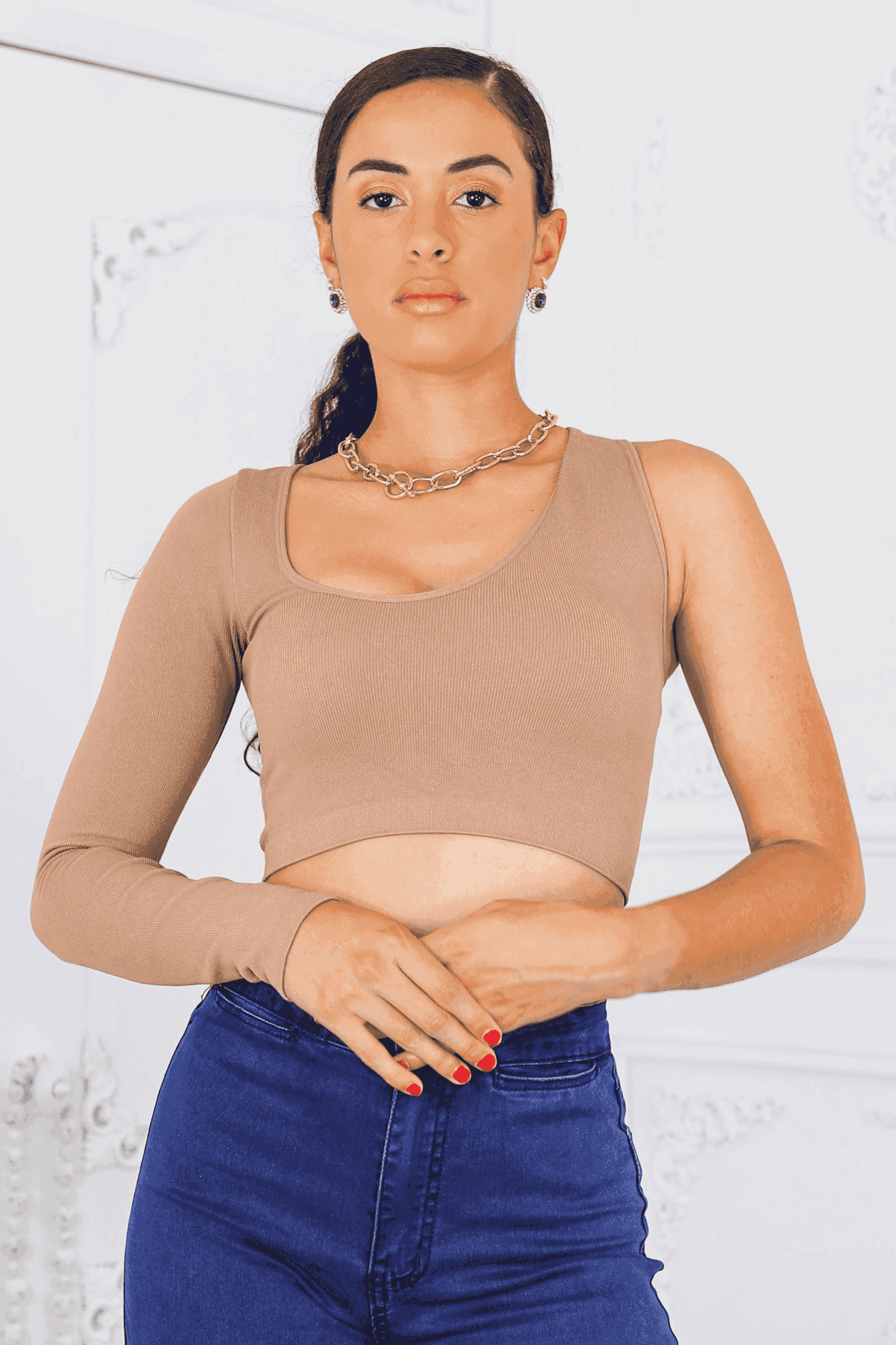 Asymmetrical Neck One Sleeve Crop Top SurelyMine